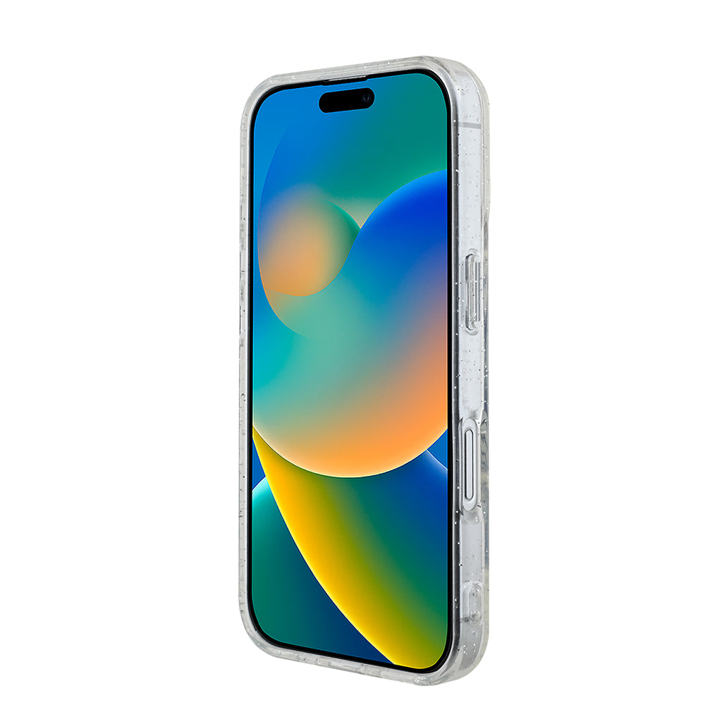 Guess iPhone 16 Orjinal Lisanslı 3'lü Aksesuar Seti IML Baskılı Simli Glitter Kılıf + Ekran Koruyucu + Lens Koruyucu