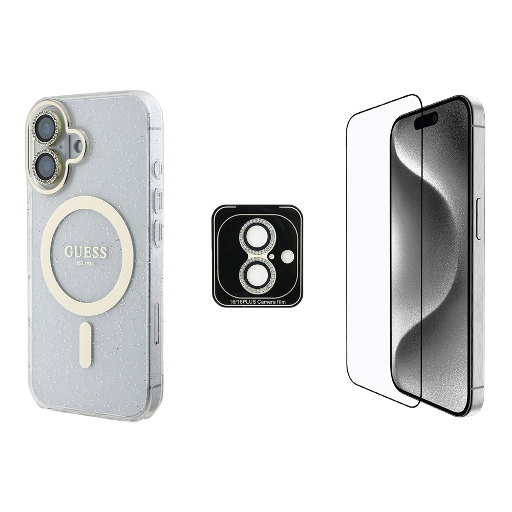 Guess iPhone 16 Orjinal Lisanslı 3'lü Aksesuar Seti IML Baskılı Simli Glitter Kılıf + Ekran Koruyucu + Lens Koruyucu