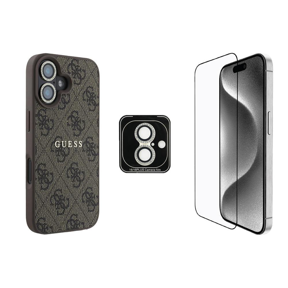 Guess iPhone 16 Orjinal Lisanslı Kılıf + Ekran Koruyucu + Lens Koruyucu 3in1 Aksesuar Seti