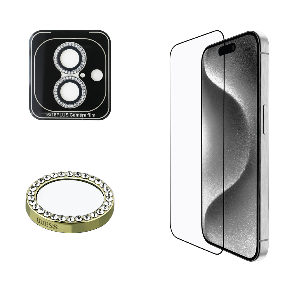 Guess iPhone 16 Orjinal Lisanslı Rhinestone Ekran Koruyucu + Lens Koruyucu 2in1 Aksesuar Seti