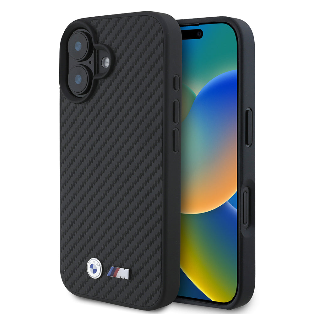 BMWiPhone 16 Orjinal Lisanslı Karbon Fiber Tasarımlı ve Metal Logolu PU Deri Telefon Kılıfı