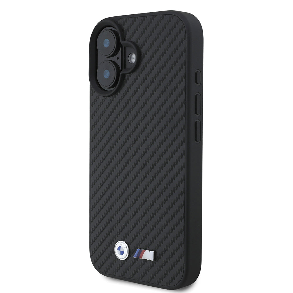 BMWiPhone 16 Orjinal Lisanslı Karbon Fiber Tasarımlı ve Metal Logolu PU Deri Telefon Kılıfı