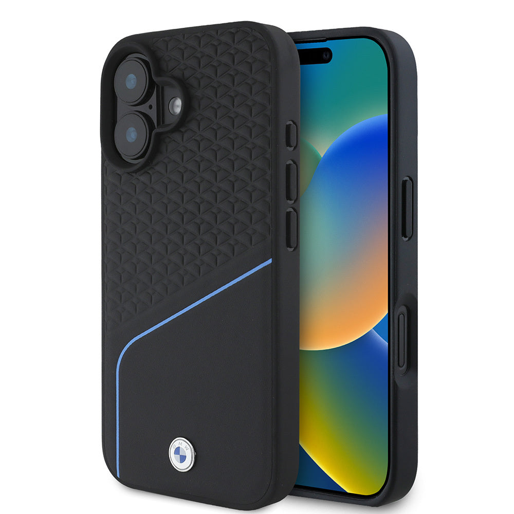 BMW iPhone 16 Orjinal Lisanslı M-safe Metal Logolu Dokulu ve Çizgili Deri Kılıf