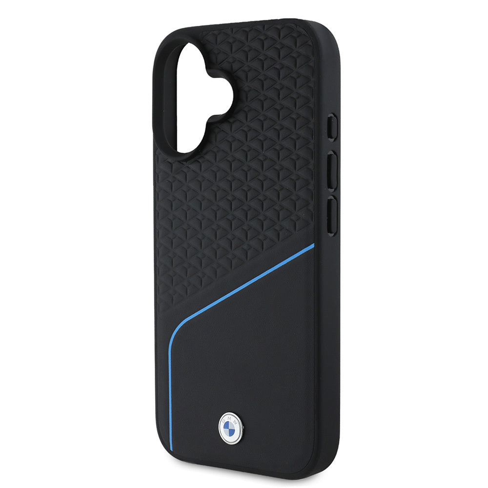BMW iPhone 16 Orjinal Lisanslı M-safe Metal Logolu Dokulu ve Çizgili Deri Kılıf