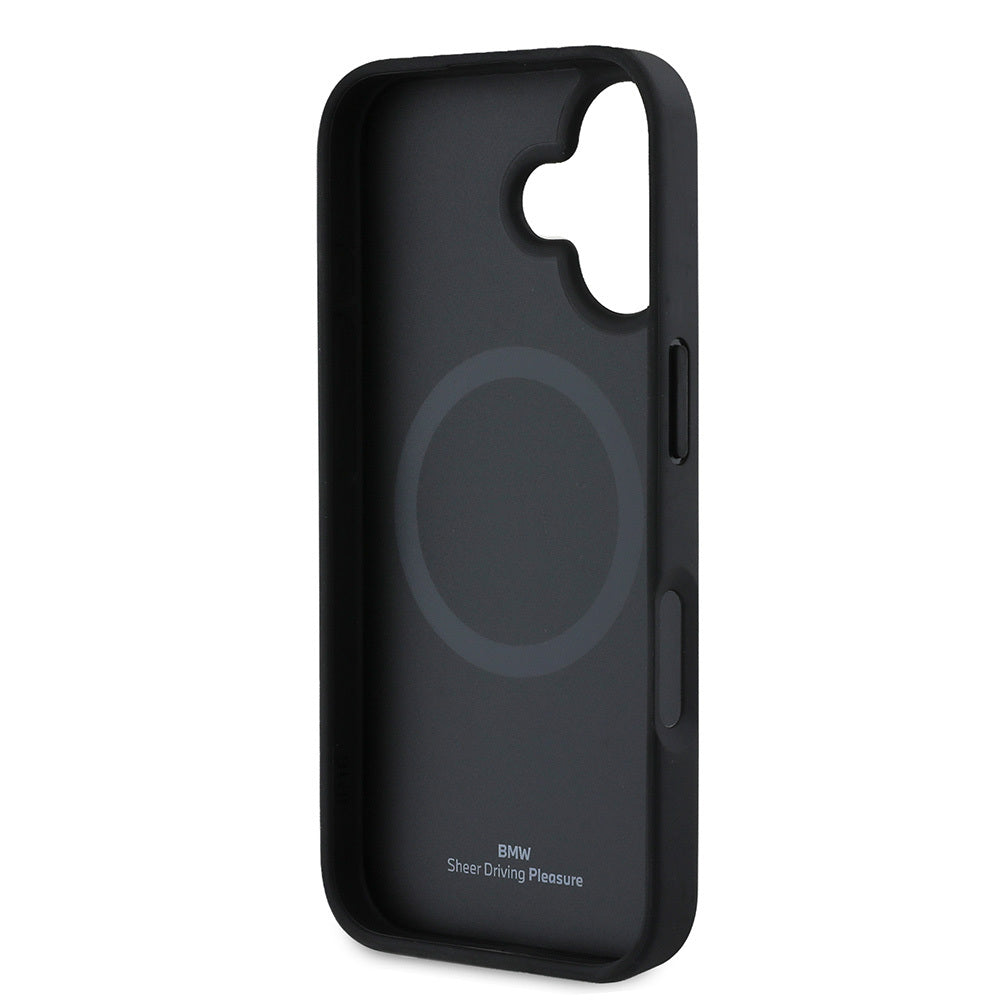 BMW iPhone 16 Orjinal Lisanslı M-safe Metal Logolu Dokulu ve Çizgili Deri Kılıf