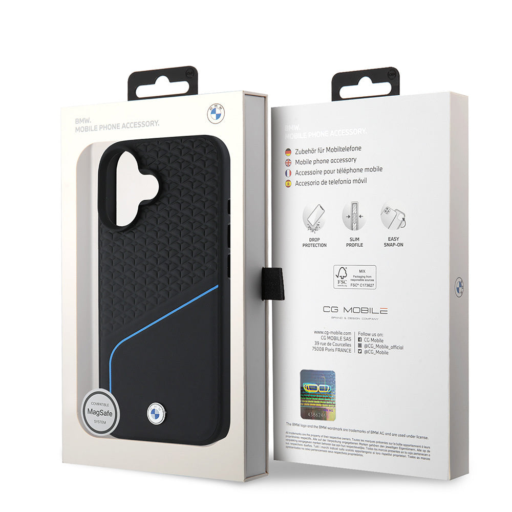 BMW iPhone 16 Orjinal Lisanslı M-safe Metal Logolu Dokulu ve Çizgili Deri Kılıf