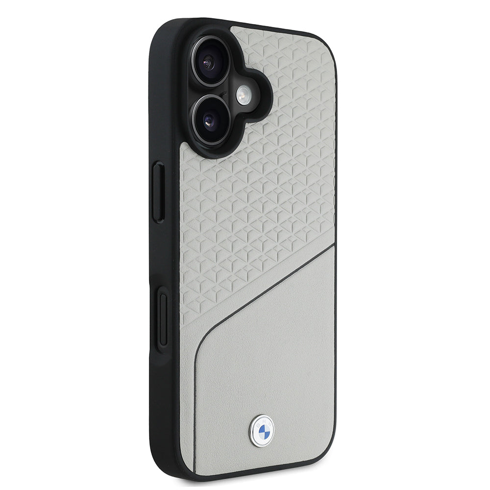 BMW iPhone 16 Orjinal Lisanslı M-safe Metal Logolu Dokulu ve Çizgili Deri Kılıf
