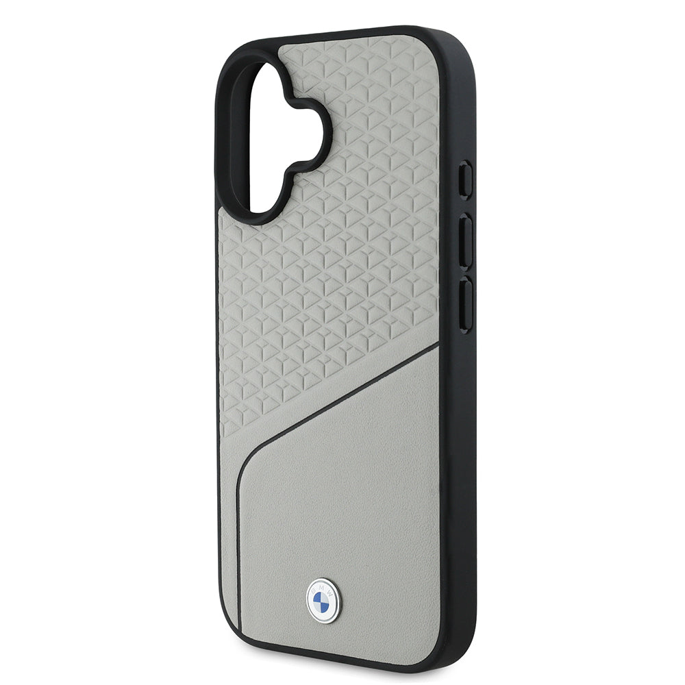 BMW iPhone 16 Orjinal Lisanslı M-safe Metal Logolu Dokulu ve Çizgili Deri Kılıf