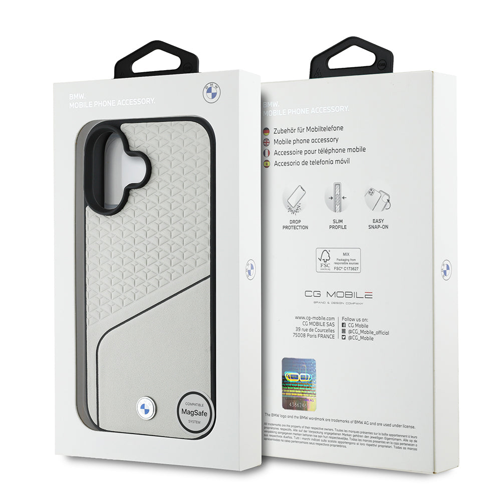 BMW iPhone 16 Orjinal Lisanslı M-safe Metal Logolu Dokulu ve Çizgili Deri Kılıf