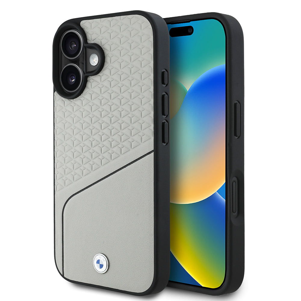 BMW iPhone 16 Orjinal Lisanslı M-safe Metal Logolu Dokulu ve Çizgili Deri Kılıf
