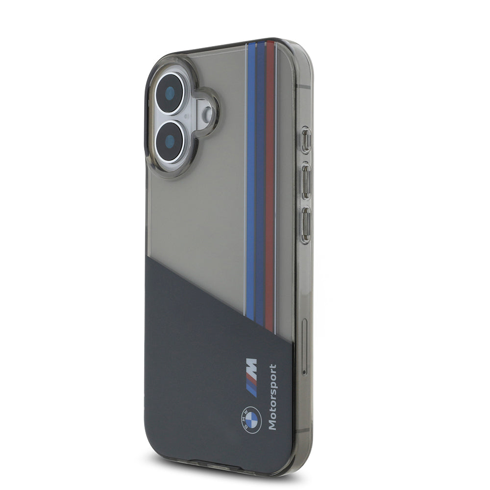 BMW iPhone 16 Orjinal Lisanslı Yarı Transparan M Dizayn Çizgili Telefon Kılıfı