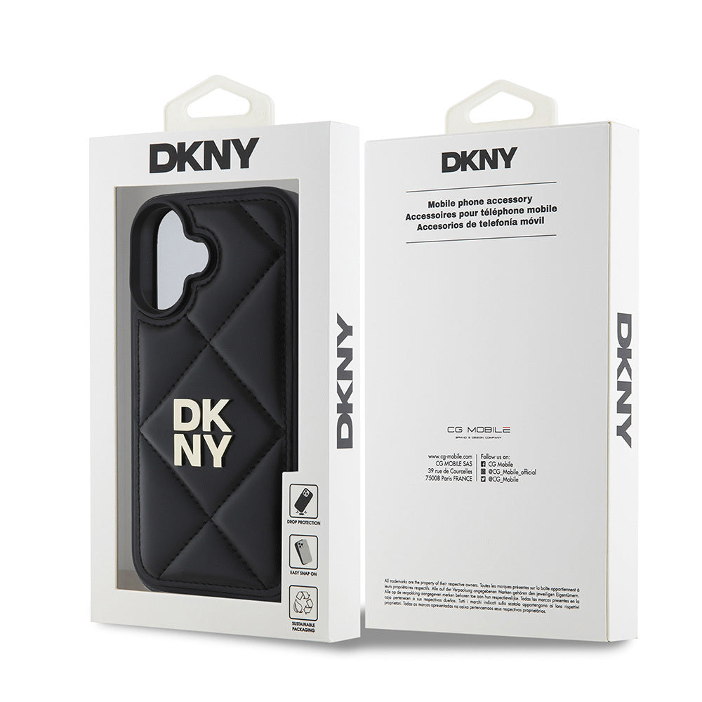 DKNY iPhone 16 Orjinal Lisanslı Kapitone Tasarımlı Metal Logolu Deri Kılıf