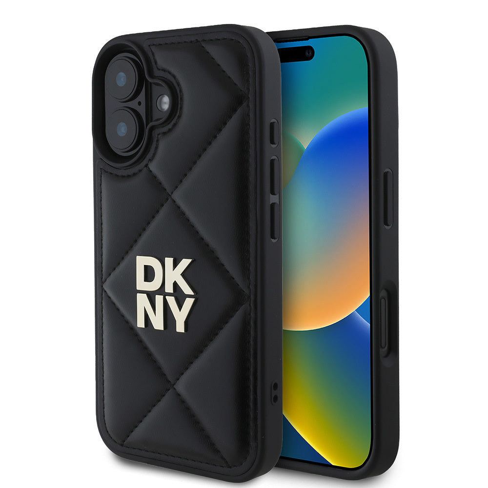 DKNY iPhone 16 Orjinal Lisanslı Kapitone Tasarımlı Metal Logolu Deri Kılıf