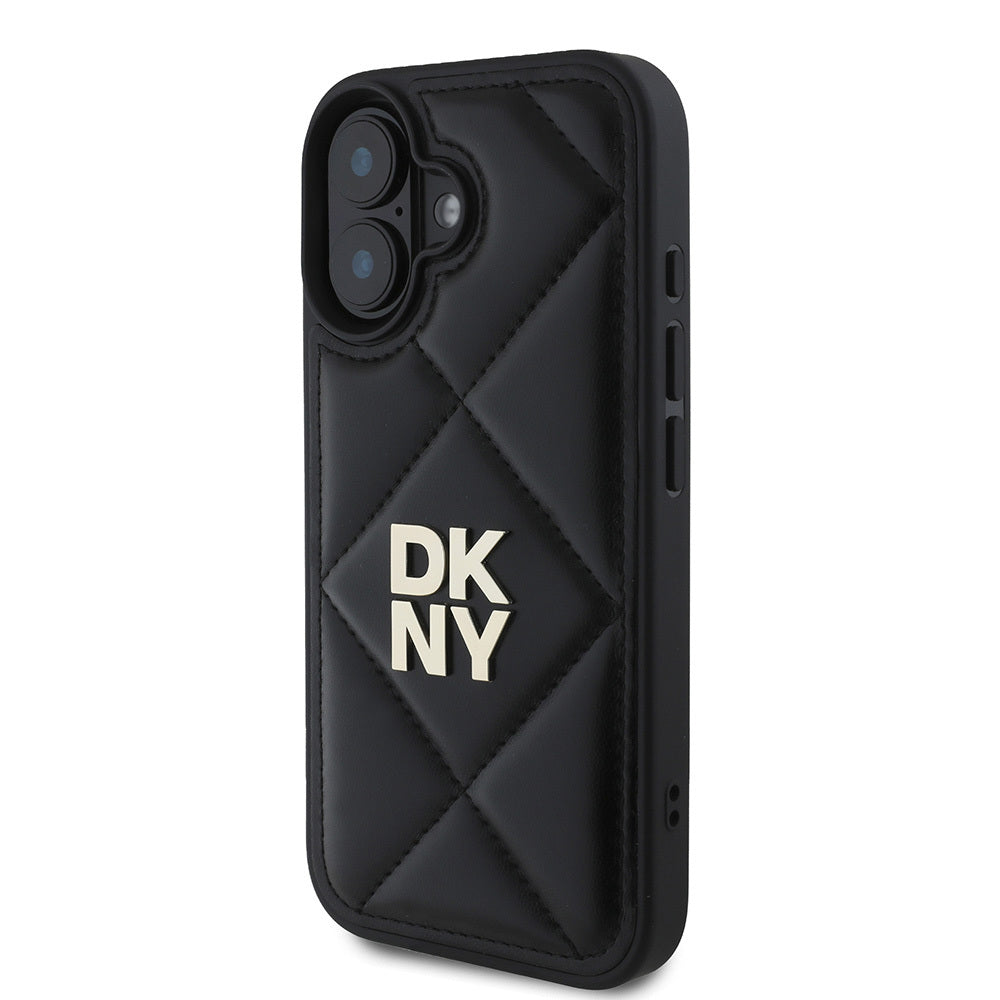 DKNY iPhone 16 Orjinal Lisanslı Kapitone Tasarımlı Metal Logolu Deri Kılıf