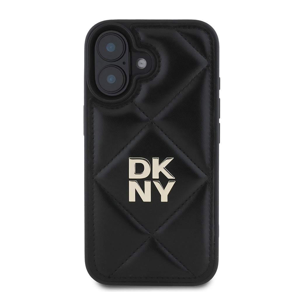 DKNY iPhone 16 Orjinal Lisanslı Kapitone Tasarımlı Metal Logolu Deri Kılıf