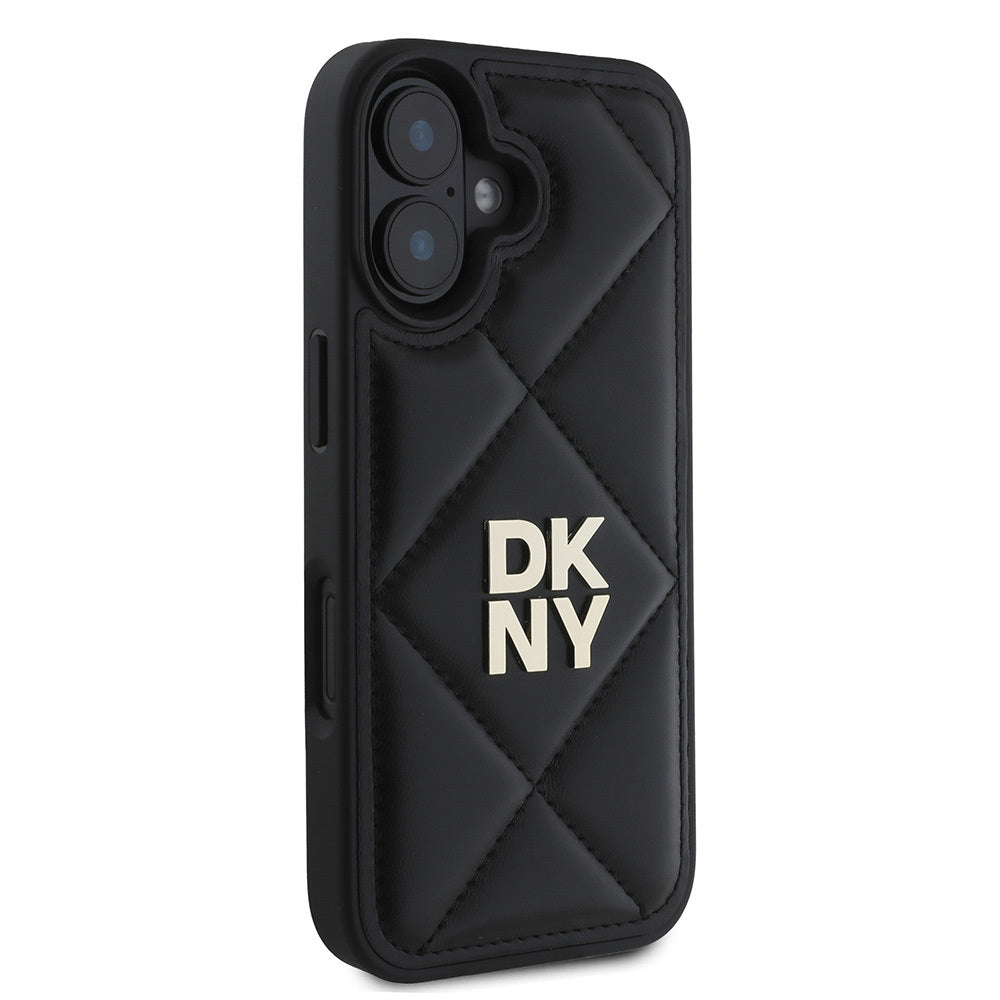 DKNY iPhone 16 Orjinal Lisanslı Kapitone Tasarımlı Metal Logolu Deri Kılıf
