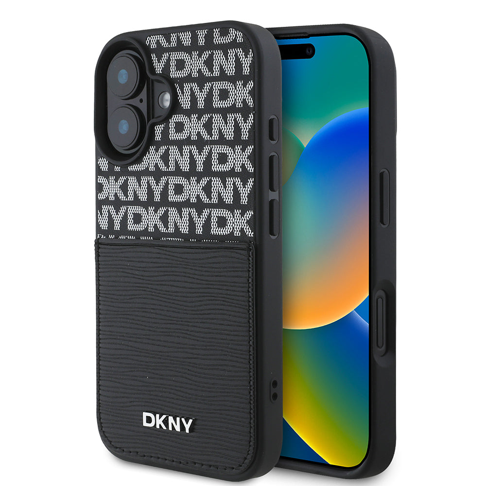 DKNY iPhone 16 Orjinal Lisanslı Kartlıklı 3D Yazılı Repeat Texture Pattern Kılıf