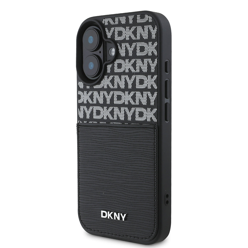 DKNY iPhone 16 Orjinal Lisanslı Kartlıklı 3D Yazılı Repeat Texture Pattern Kılıf