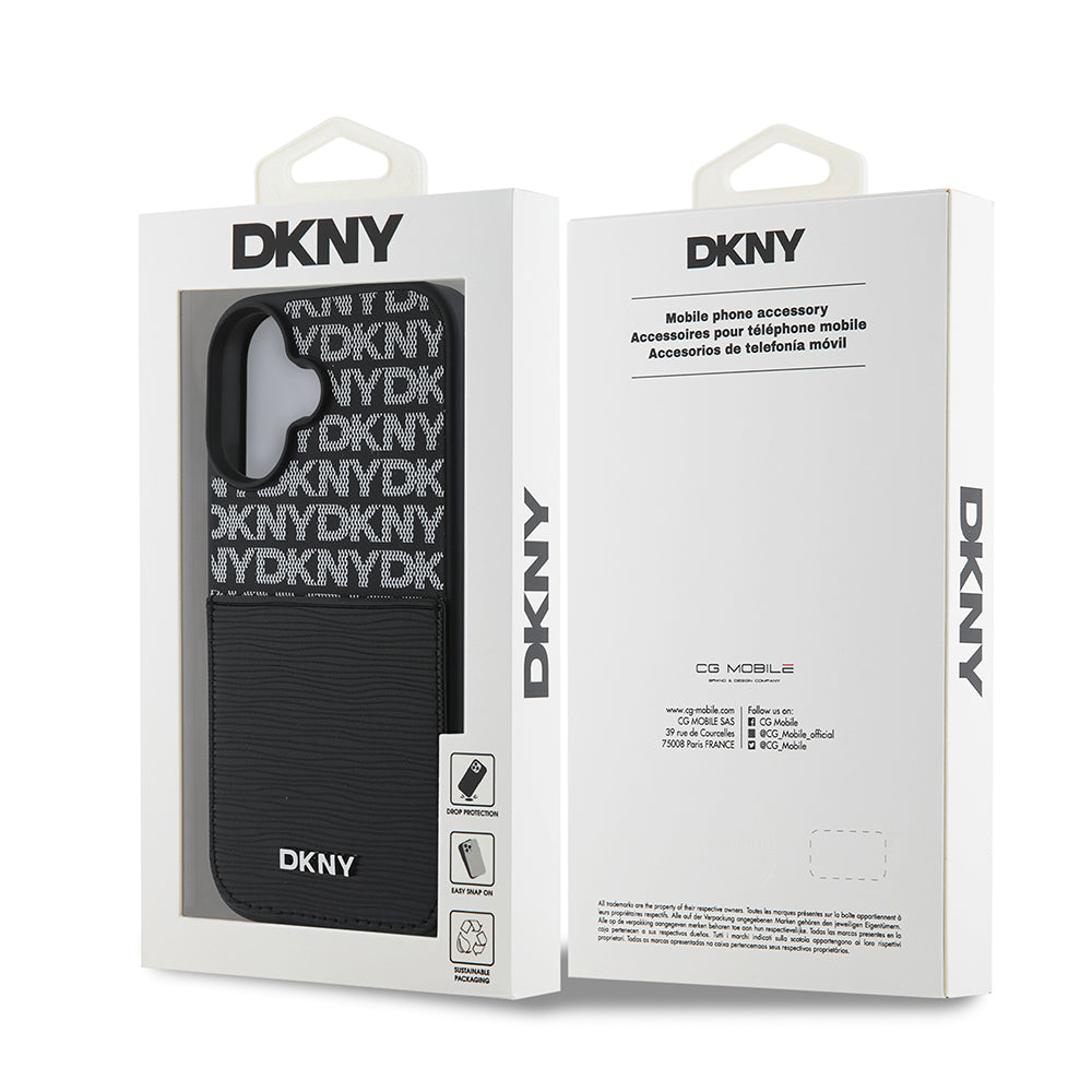DKNY iPhone 16 Orjinal Lisanslı Kartlıklı 3D Yazılı Repeat Texture Pattern Kılıf