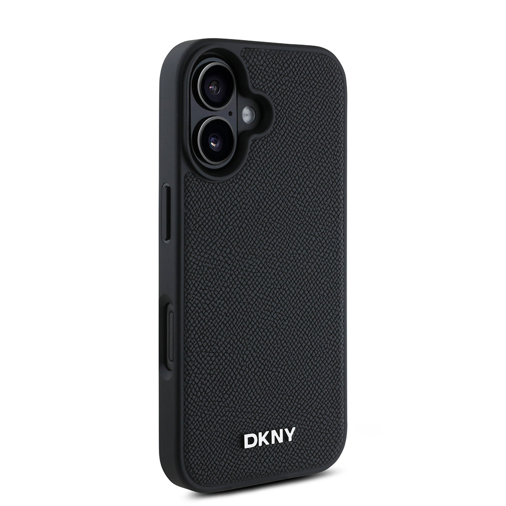 DKNY iPhone 16 Orjinal Lisanslı M-safe Şarj Özellikli Metal Logolu PU Deri Grained Kılıf