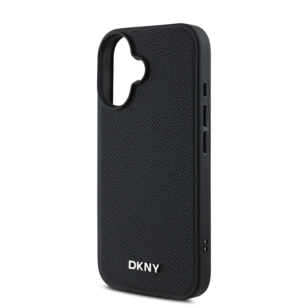 DKNY iPhone 16 Orjinal Lisanslı M-safe Şarj Özellikli Metal Logolu PU Deri Grained Kılıf