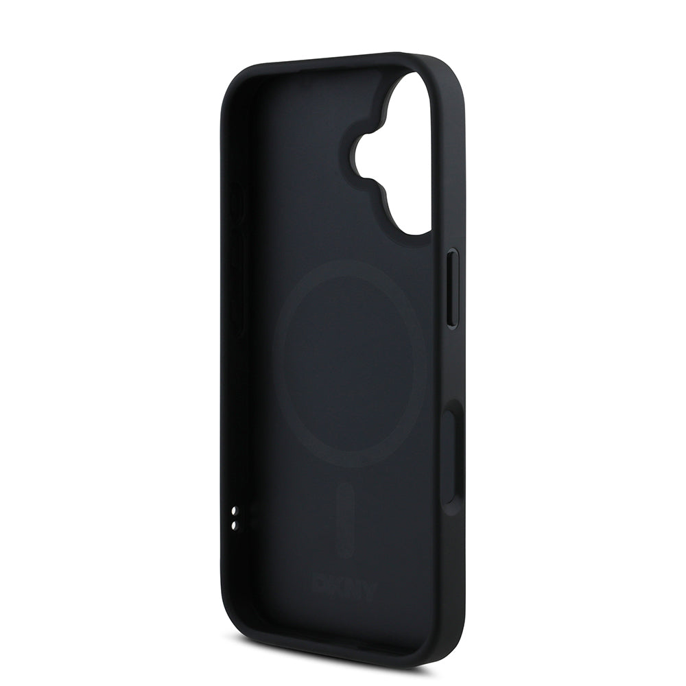 DKNY iPhone 16 Orjinal Lisanslı M-safe Şarj Özellikli Metal Logolu PU Deri Grained Kılıf