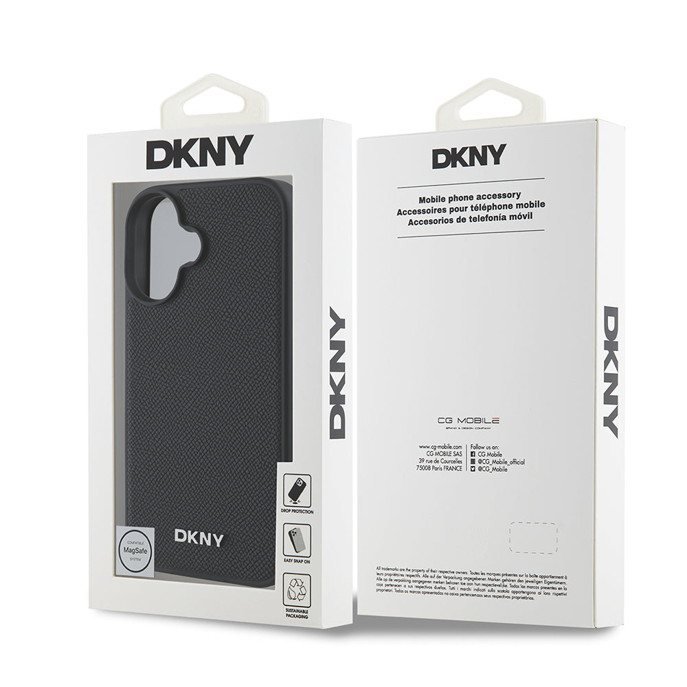 DKNY iPhone 16 Orjinal Lisanslı M-safe Şarj Özellikli Metal Logolu PU Deri Grained Kılıf