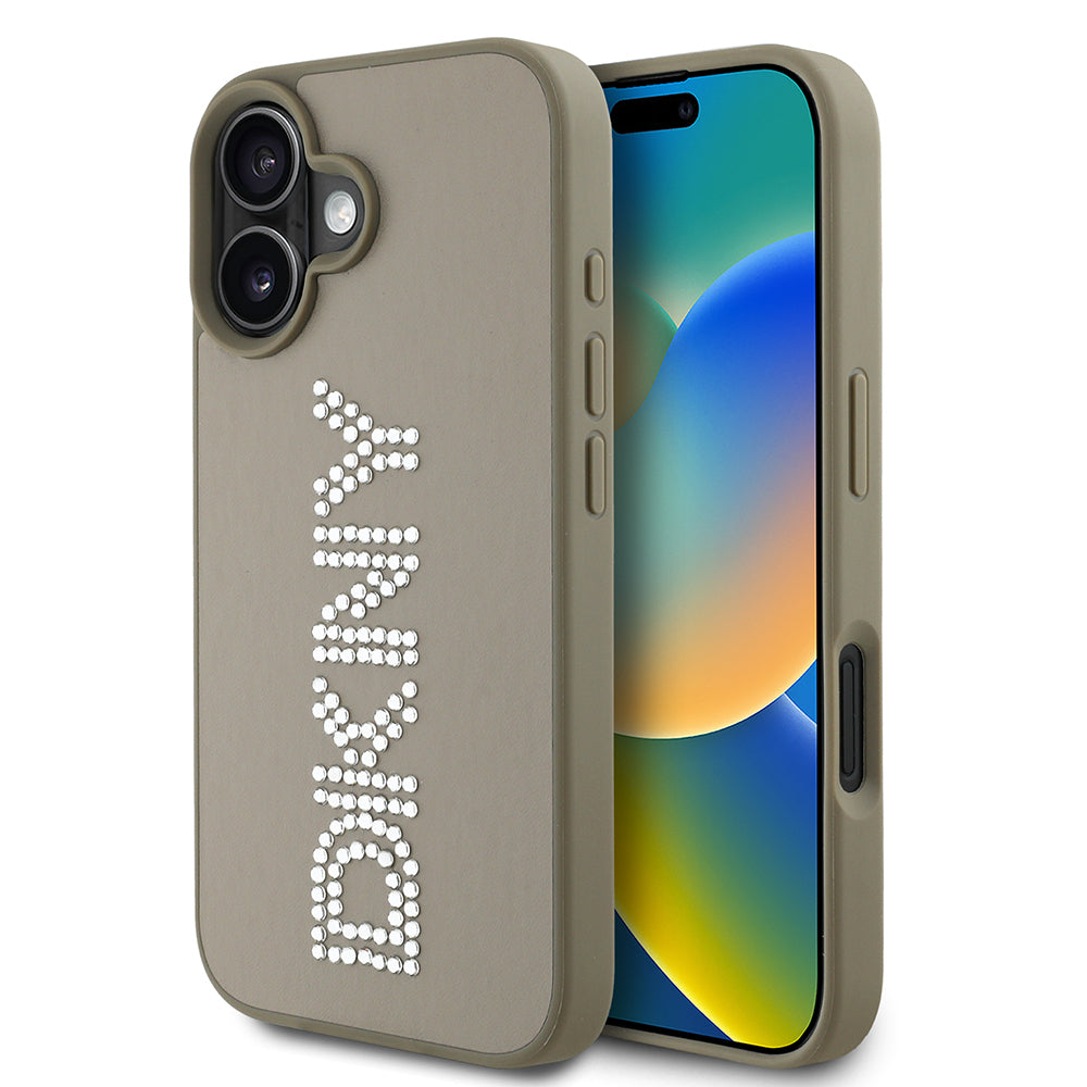 DKNY iPhone 16 Orjinal Lisanslı Taşlı DKNY Yazılı Metalik Rhinestones PU Deri Kılıf