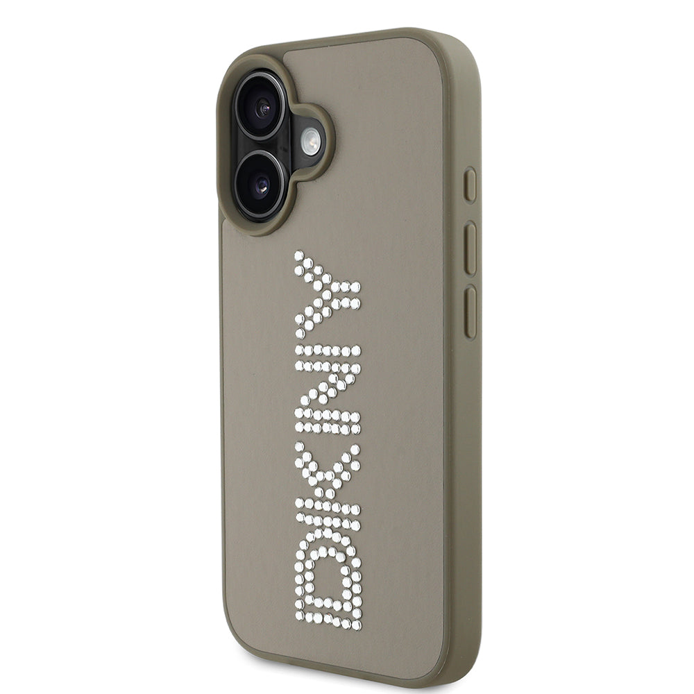 DKNY iPhone 16 Orjinal Lisanslı Taşlı DKNY Yazılı Metalik Rhinestones PU Deri Kılıf