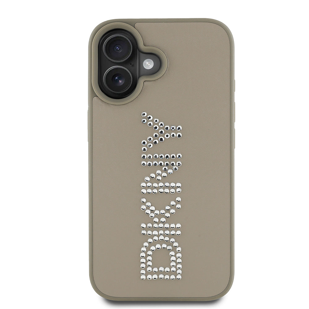 DKNY iPhone 16 Orjinal Lisanslı Taşlı DKNY Yazılı Metalik Rhinestones PU Deri Kılıf