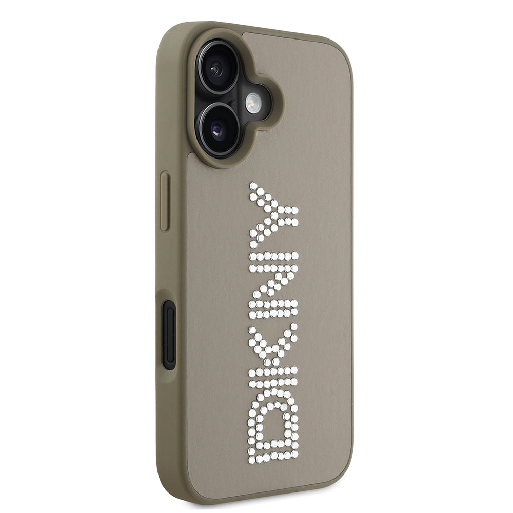 DKNY iPhone 16 Orjinal Lisanslı Taşlı DKNY Yazılı Metalik Rhinestones PU Deri Kılıf