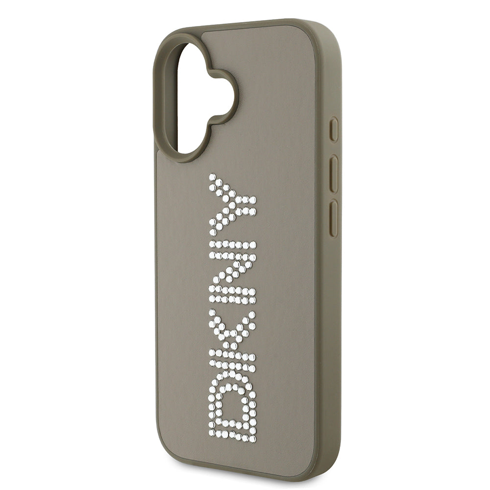DKNY iPhone 16 Orjinal Lisanslı Taşlı DKNY Yazılı Metalik Rhinestones PU Deri Kılıf