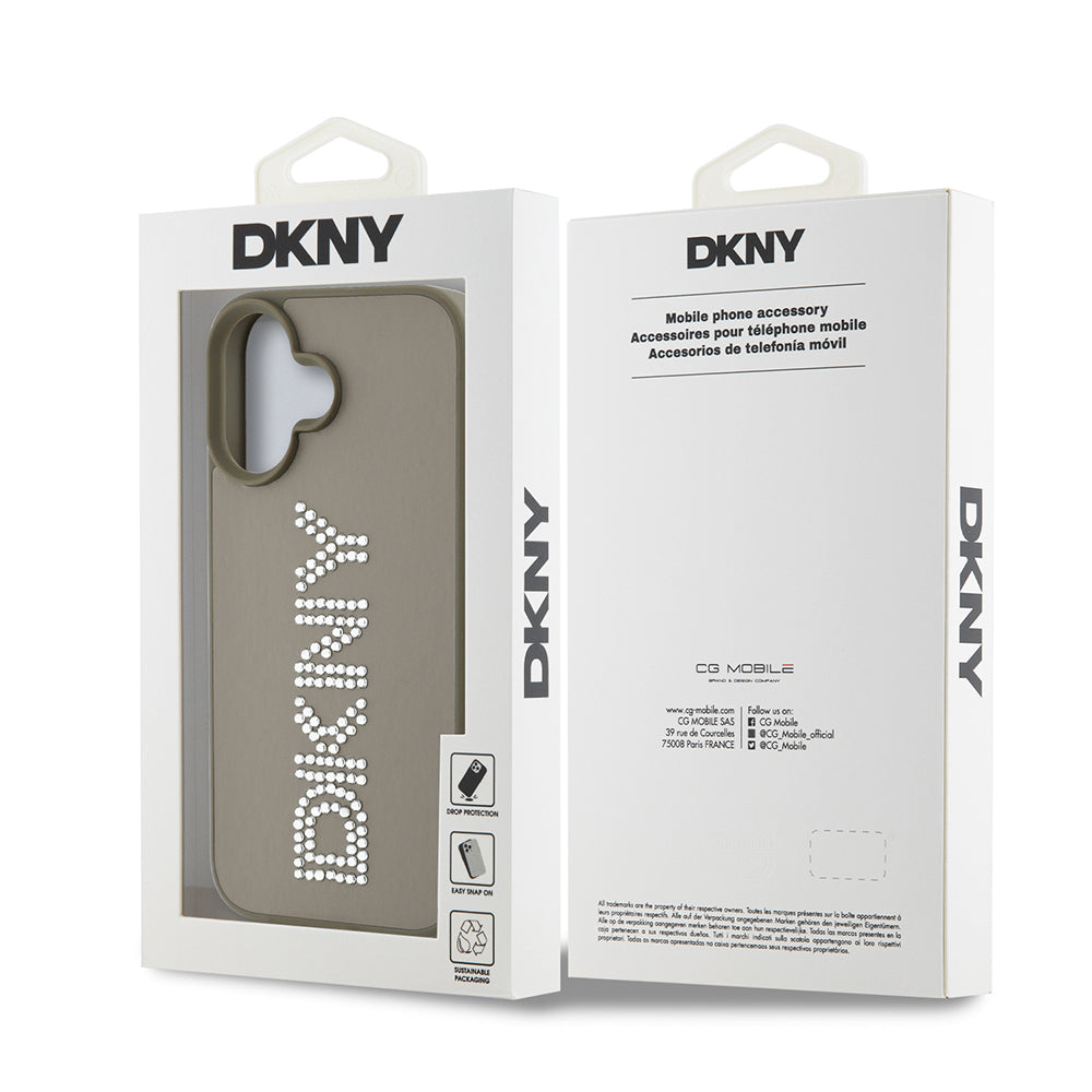 DKNY iPhone 16 Orjinal Lisanslı Taşlı DKNY Yazılı Metalik Rhinestones PU Deri Kılıf