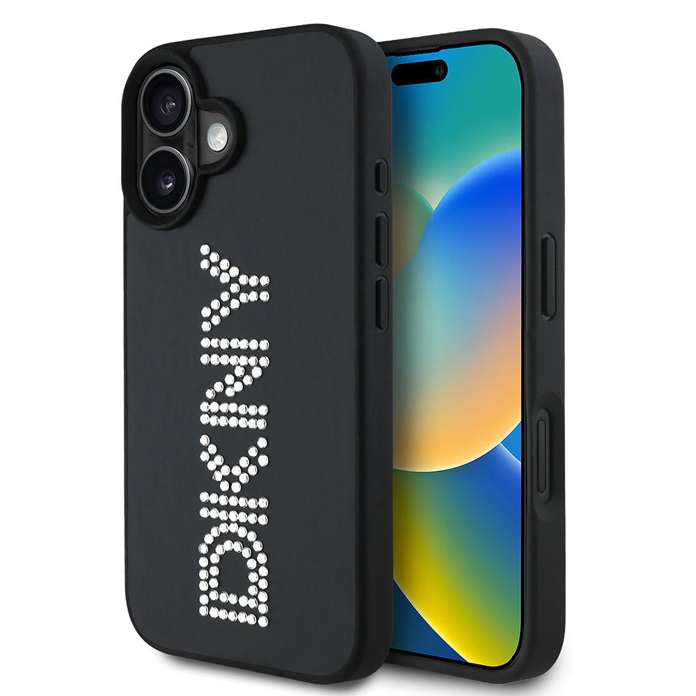 DKNY iPhone 16 Orjinal Lisanslı Taşlı DKNY Yazılı Metalik Rhinestones PU Deri Kılıf
