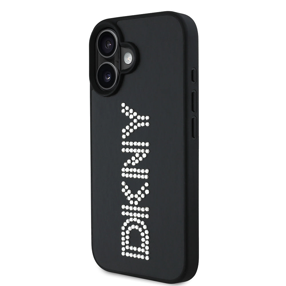 DKNY iPhone 16 Orjinal Lisanslı Taşlı DKNY Yazılı Metalik Rhinestones PU Deri Kılıf