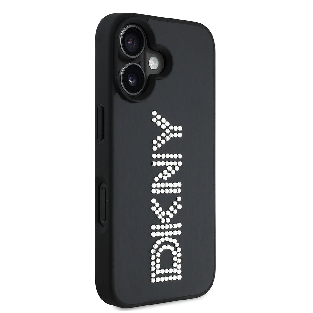 DKNY iPhone 16 Orjinal Lisanslı Taşlı DKNY Yazılı Metalik Rhinestones PU Deri Kılıf