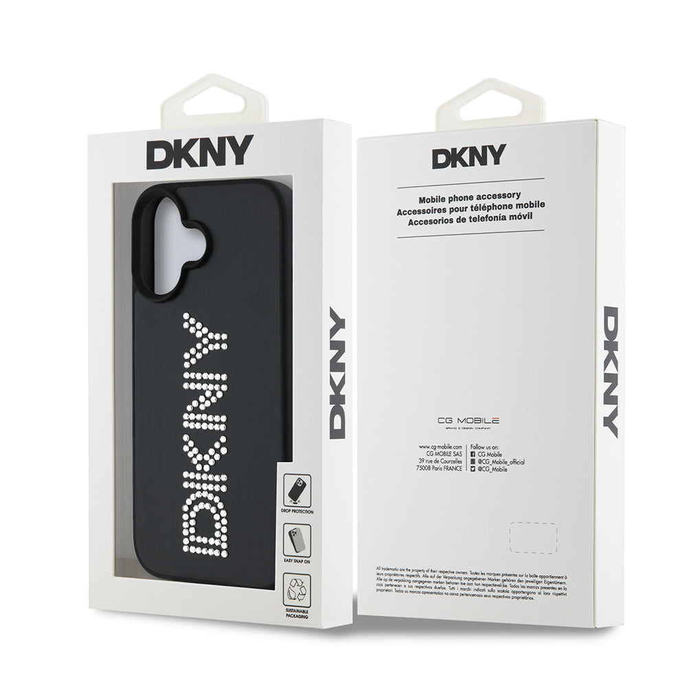 DKNY iPhone 16 Orjinal Lisanslı Taşlı DKNY Yazılı Metalik Rhinestones PU Deri Kılıf