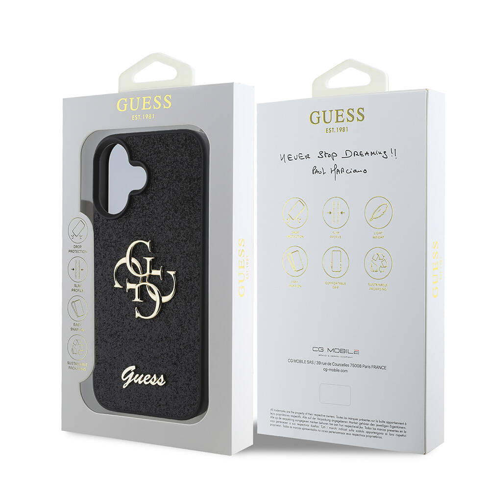 Guess iPhone 16 Kılıf Lisanslı 4G Büyük Metal Logolu Glitter Telefon Kılıfı