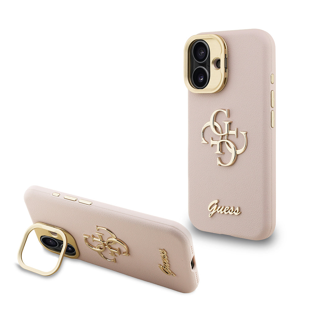 Guess iPhone 16 Orjinal Lisanslı Grained Yazı Logolu Kamera Standlı Kılıf