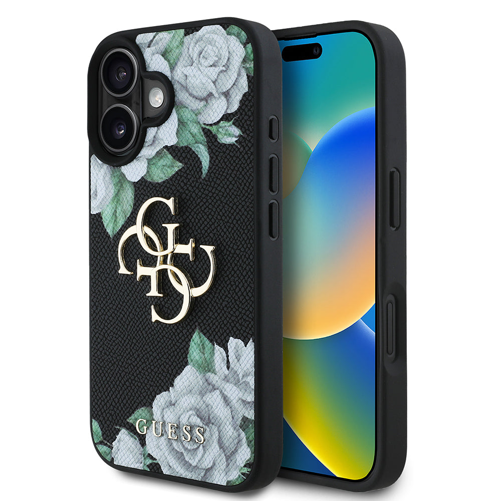 iPhone 16 Kılıf Guess Orjinal Lisanslı Gül Baskılı Büyük Metal Logo Dizaynlı Kılıf