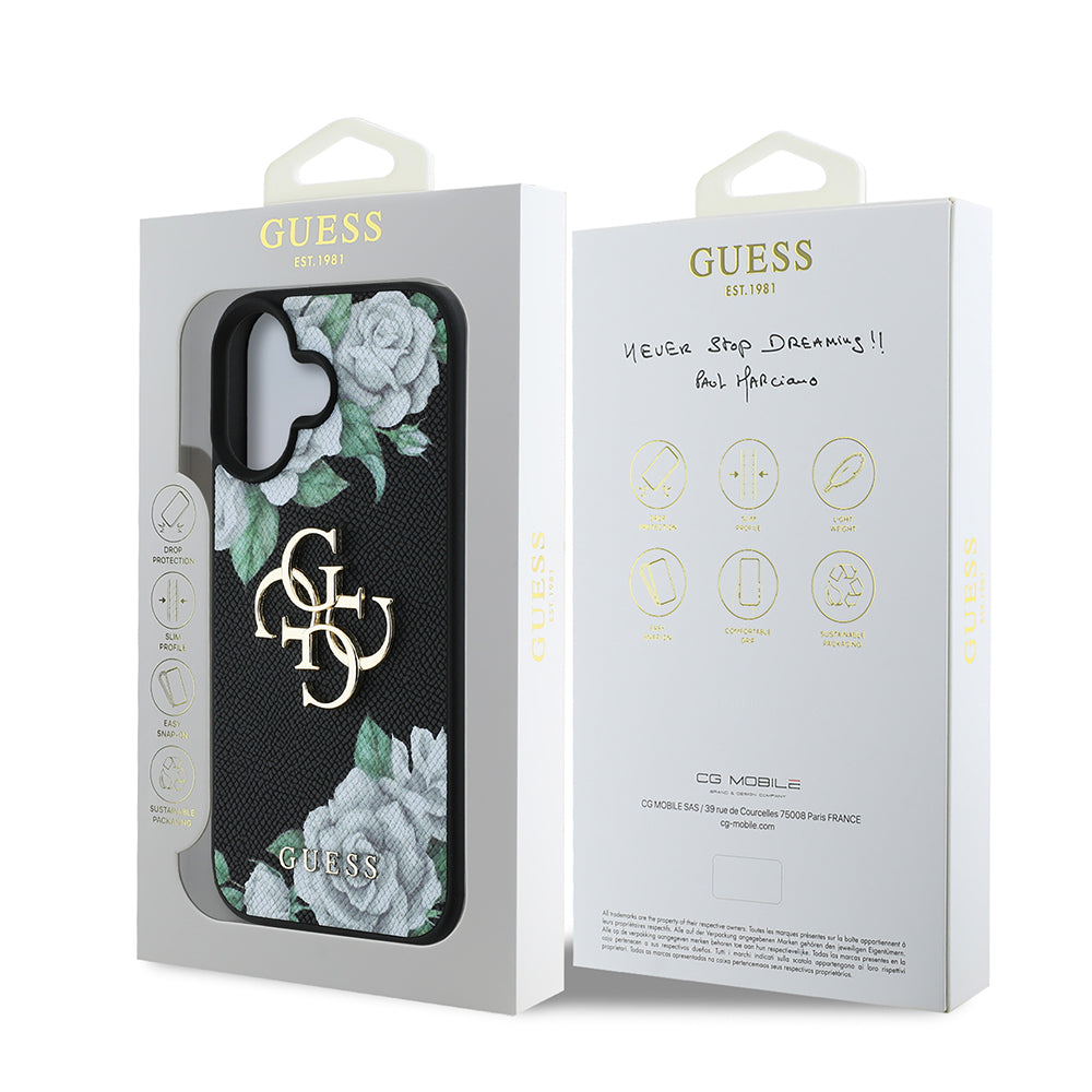 iPhone 16 Kılıf Guess Orjinal Lisanslı Gül Baskılı Büyük Metal Logo Dizaynlı Kılıf
