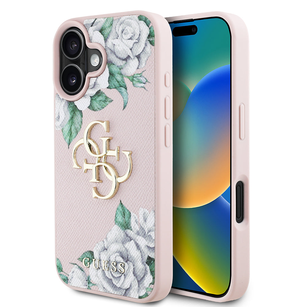 iPhone 16 Kılıf Guess Orjinal Lisanslı Gül Baskılı Büyük Metal Logo Dizaynlı Kılıf