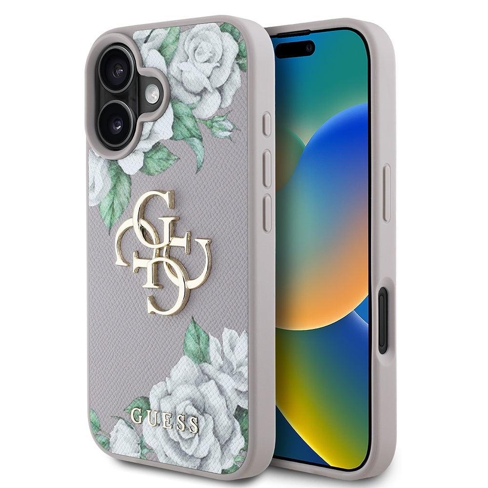 iPhone 16 Kılıf Guess Orjinal Lisanslı Gül Baskılı Büyük Metal Logo Dizaynlı Kılıf