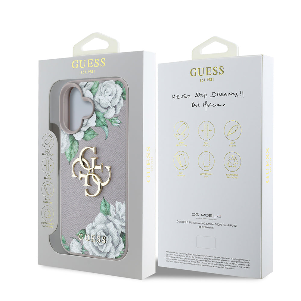 iPhone 16 Kılıf Guess Orjinal Lisanslı Gül Baskılı Büyük Metal Logo Dizaynlı Kılıf
