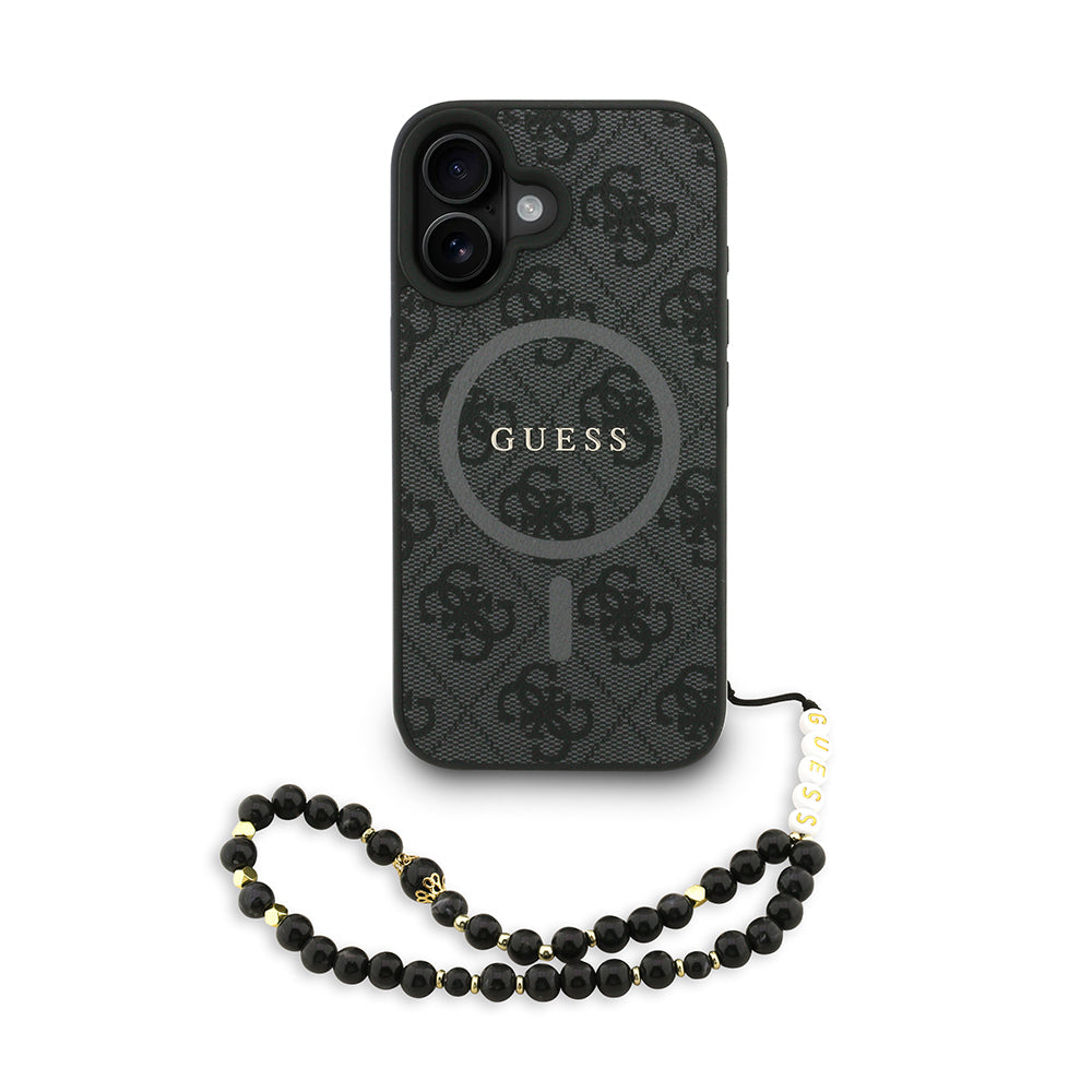 Guess iPhone 16 Orjinal Lisanslı Magsafe PU Deri Bilek Askı İpli Yazı Logolu Telefon Kılıfı