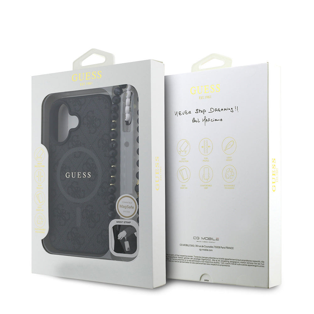 Guess iPhone 16 Orjinal Lisanslı Magsafe PU Deri Bilek Askı İpli Yazı Logolu Telefon Kılıfı