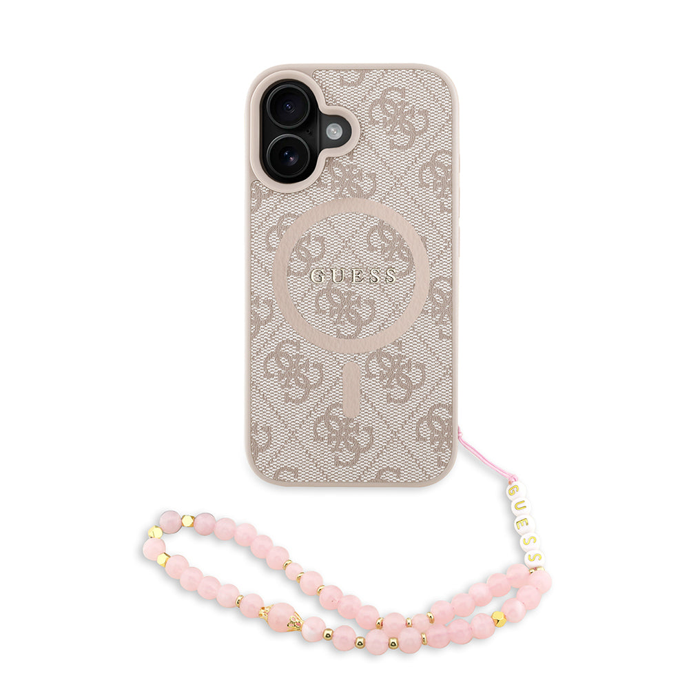 Guess iPhone 16 Orjinal Lisanslı Magsafe PU Deri Bilek Askı İpli Yazı Logolu Telefon Kılıfı