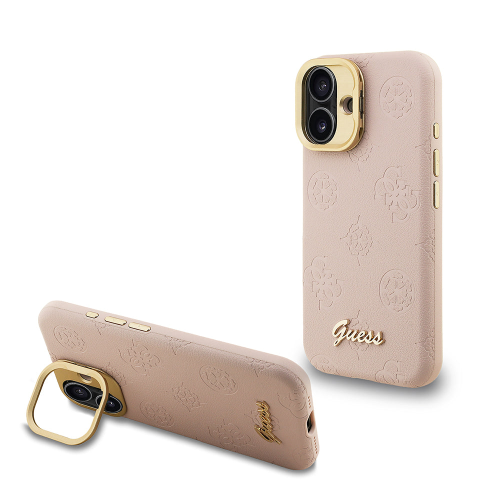 Guess iPhone 16 Orjinal Lisanslı Magsafe Sıcak Baskılı Yazı Logolu Kamera Standlı PU Deri Peony Telefon Kılıfı