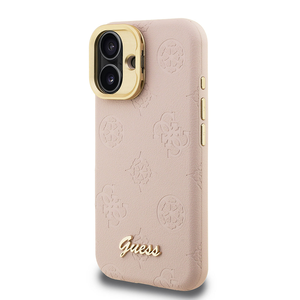 Guess iPhone 16 Orjinal Lisanslı Magsafe Sıcak Baskılı Yazı Logolu Kamera Standlı PU Deri Peony Telefon Kılıfı