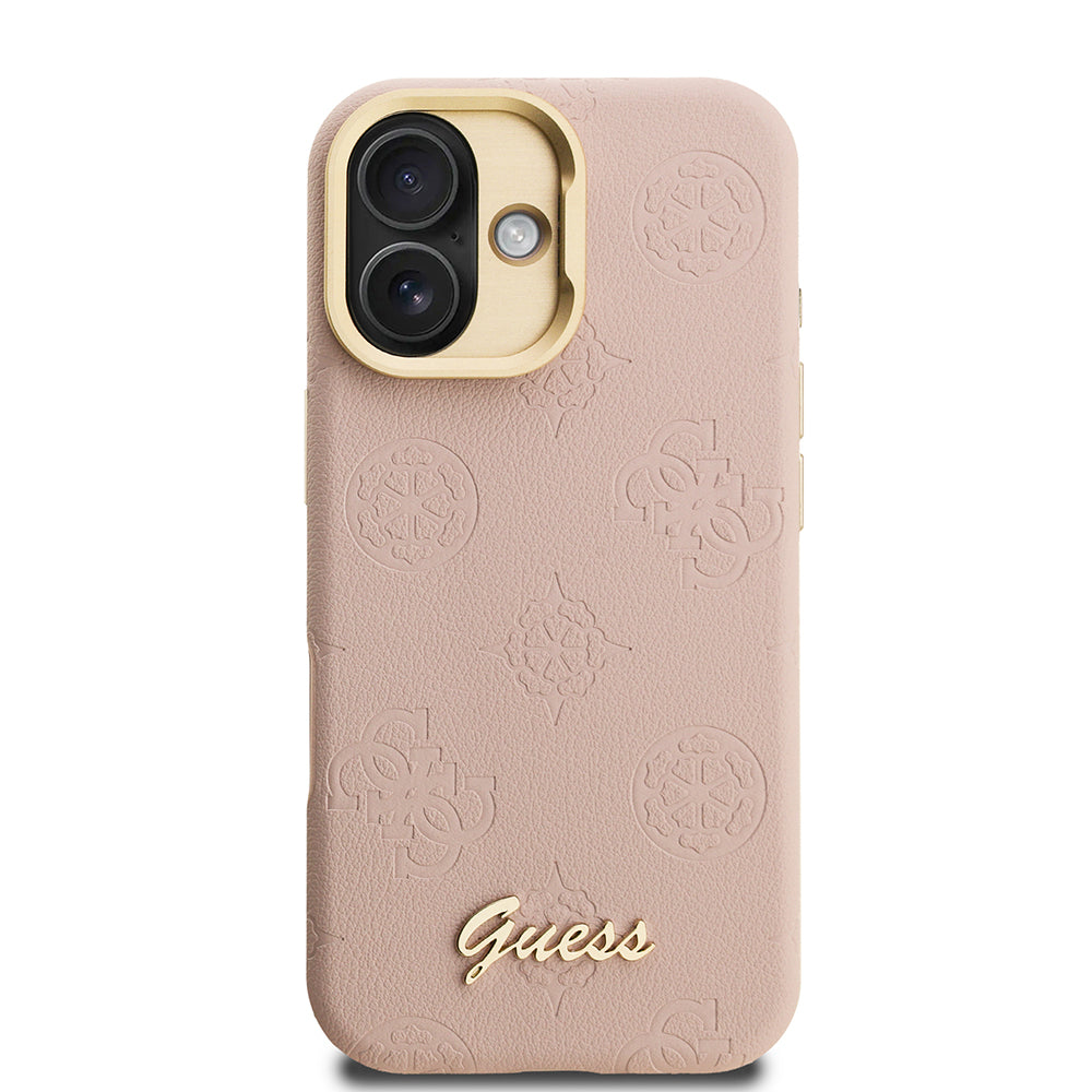 Guess iPhone 16 Orjinal Lisanslı Magsafe Sıcak Baskılı Yazı Logolu Kamera Standlı PU Deri Peony Telefon Kılıfı